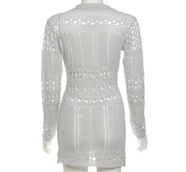 Women Gray Collar V-Neck Full Sleeve Knitted Dress