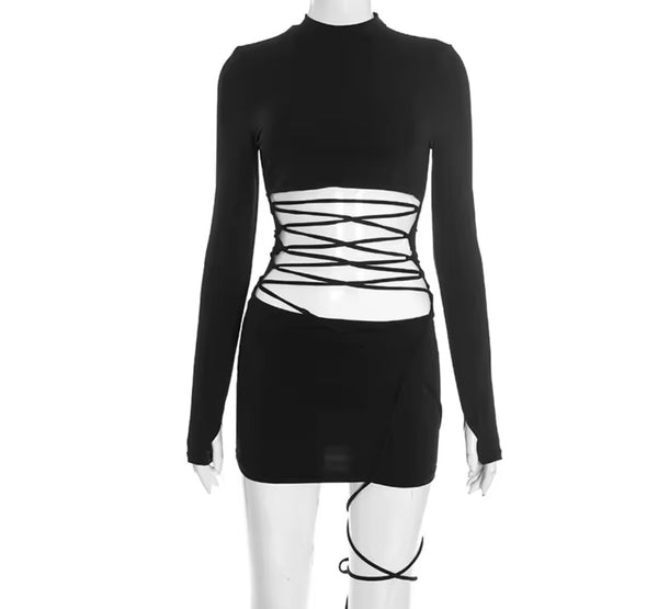 Women Sexy Cut Out Lace Up Full Sleeve Dress