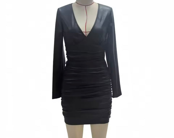 Women Sexy Black V-Neck Ruched Full Sleeve Faux Leather Dress