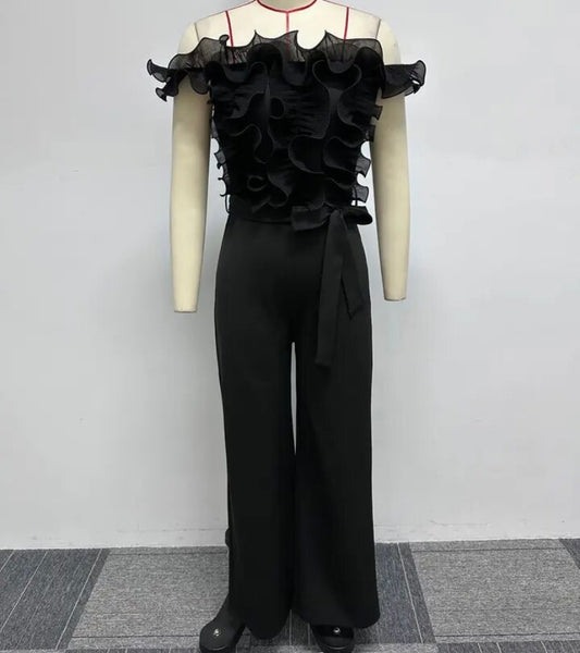 Women Sexy Black Off The Shoulder Ruffled Short Sleeve Jumpsuit