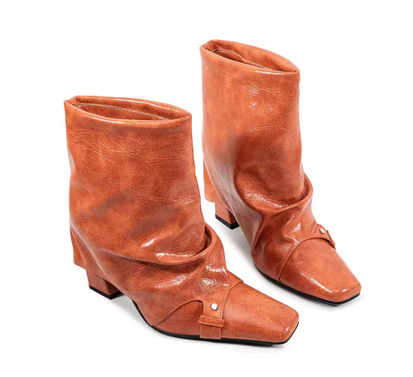Women Color Square Toe Fashion Faux Leather Ankle Boots