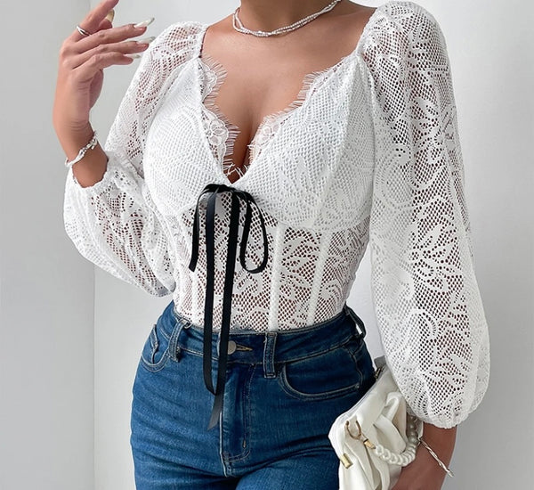Women White Sexy Full Sleeve Lace Bodysuit Top
