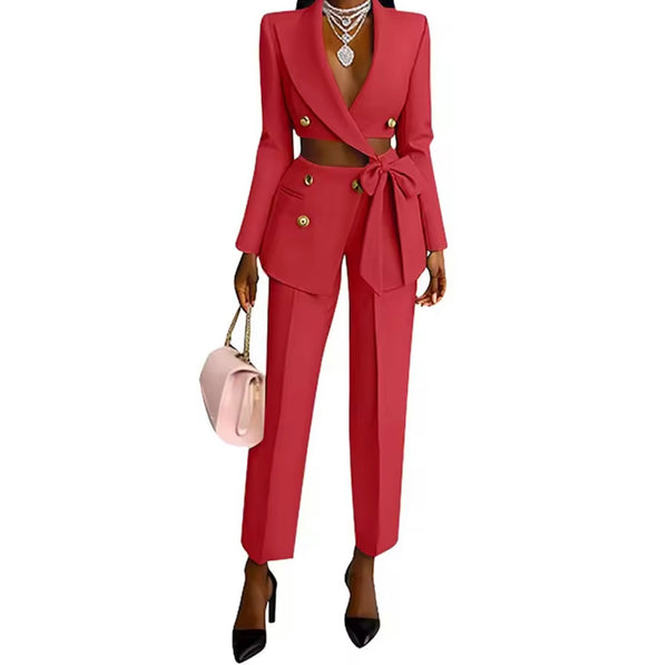 Women Fashion Cut Out Full Sleeve Blazer Two Piece Pant Set