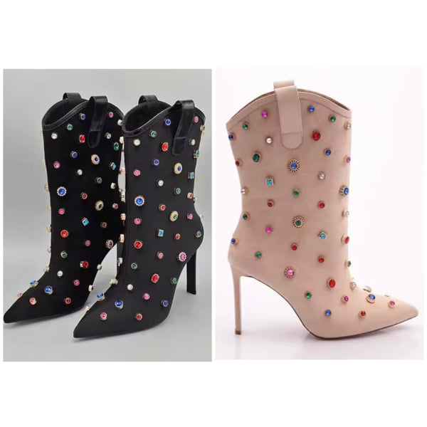 Women Suede Color Crystal Fashion High Heel Ankle Boots