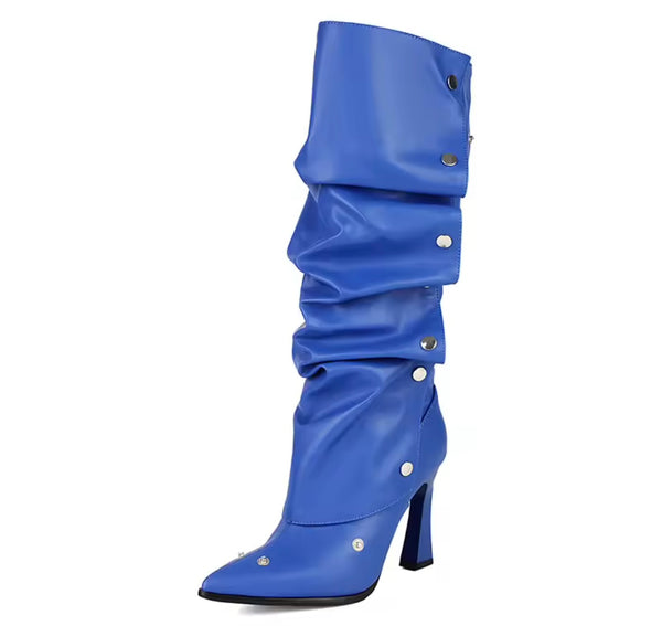 Women Fashion Color Button Ruched Knee High Boots
