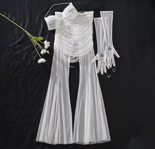 Women White Sexy Mesh Glove Lingerie Set