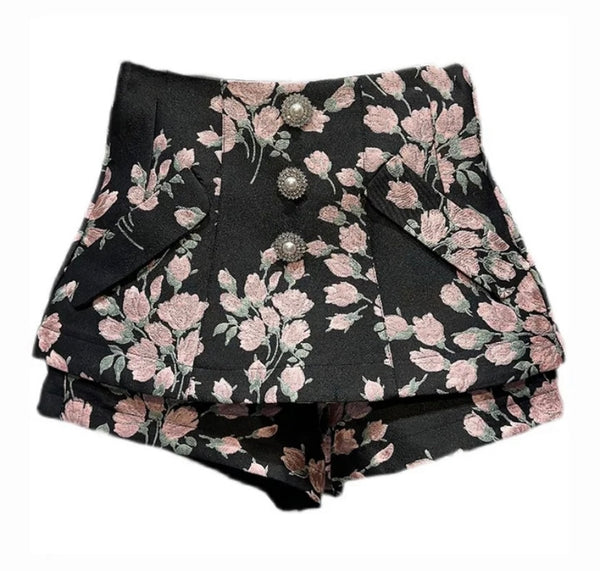 Women Button Floral Fashion Wrap Shorts