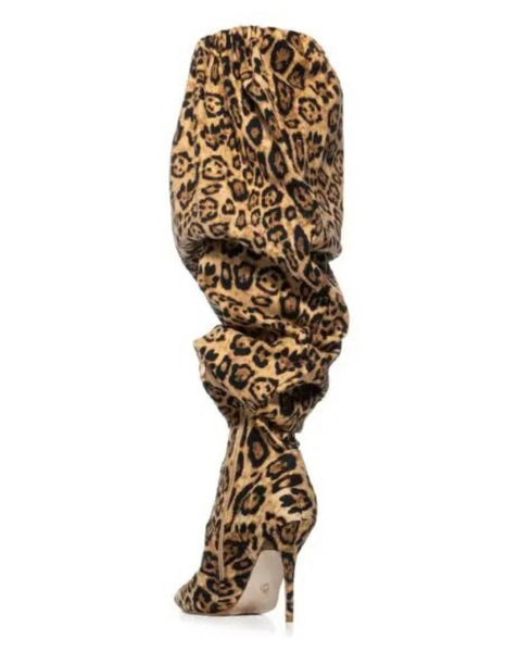 Women Fashion Leopard Drawstring Ruched Knee High Boots