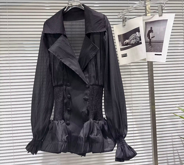 Women Collar Button Ruffle Full Sleeve Mesh Dress