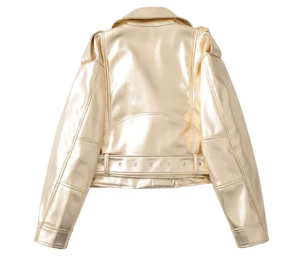 Women Gold Fashion Faux Leather Buckled Jacket