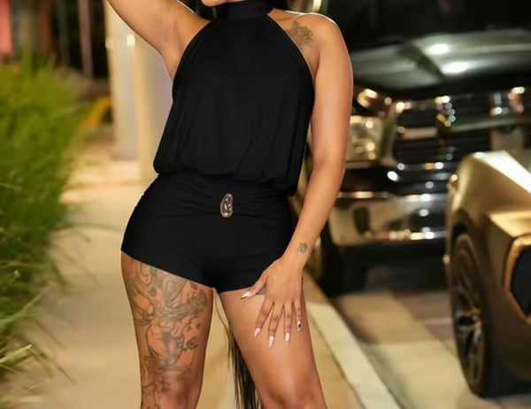 Women Sexy Halter Open Back Sleeveless Ruched Romper
