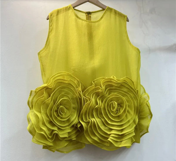 Women Ruffled Floral Mesh Sleeveless Fashion Top