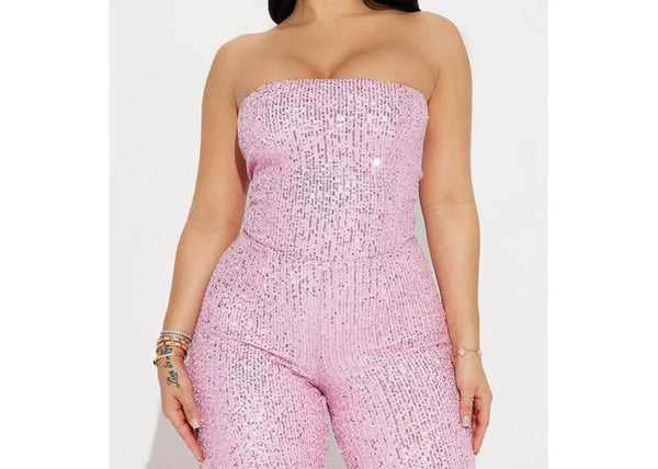 Women Sexy Strapless Sequins Solid Color Jumpsuit