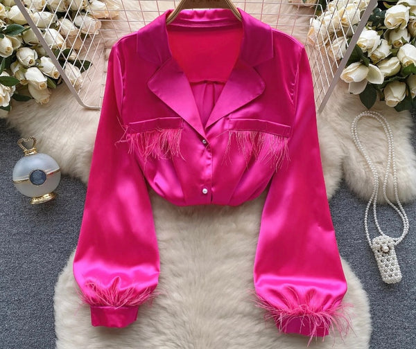 Women Button Up Feather Full Sleeve Fashion Top