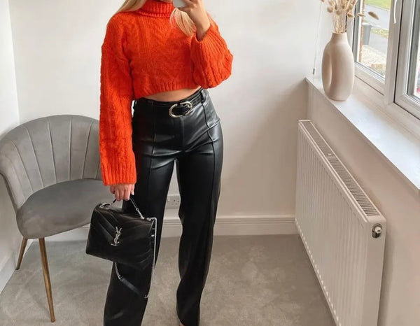 Women Orange Turtleneck Full Sleeve Fashion Crop Sweater Top