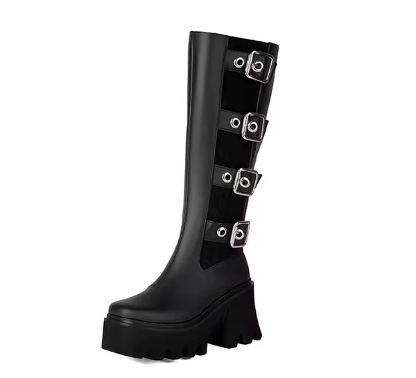 Women Fashion Lace Buckled Platform Knee High Boots