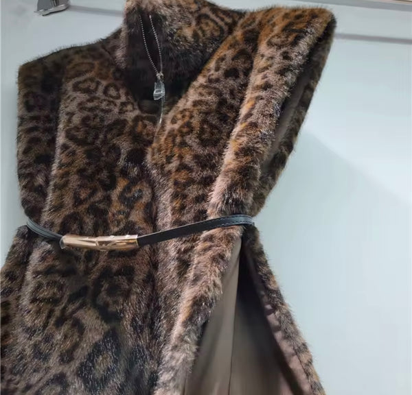 Women Fashion Faux Fur Belted Shawl Vest Pullover