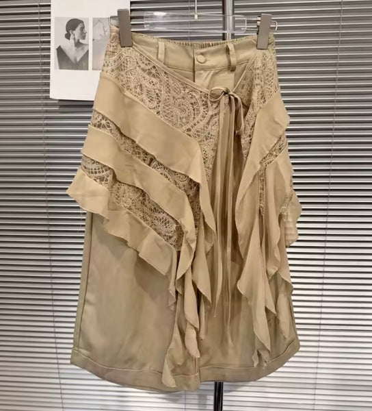 Women Khaki Button Up Short Sleeve Ruffled Lace Two Piece Short Set