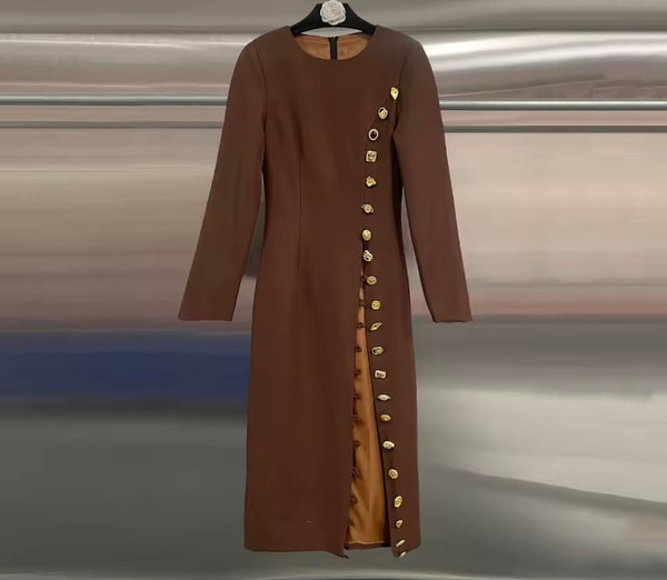 Women Brown Full Sleeve Metal Button Up Maxi Dress