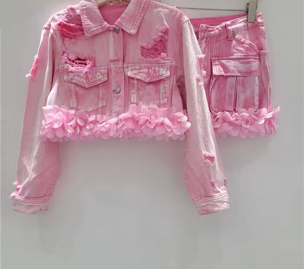 Women Fashion Pink Ripped 3D Floral Denim Jacket Two Piece Skirt Set