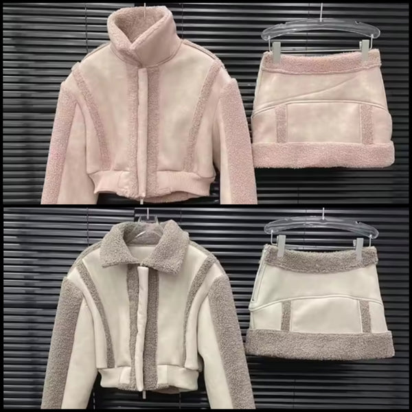 Women Fashion Fur Patchwork Jacket Two Piece Skirt Set