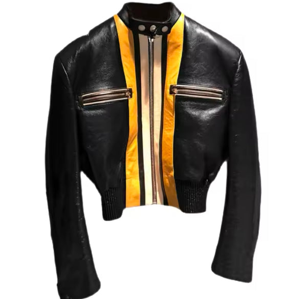 Women Fashion Color Patchwork Striped Zip Up Faux Leather Jacket