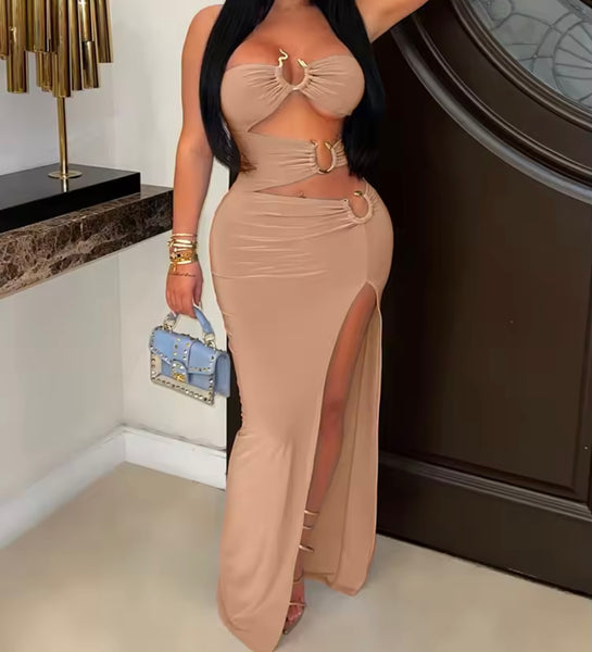 Women Sexy Strapless Color Metal Cut Out Maxi Dress
