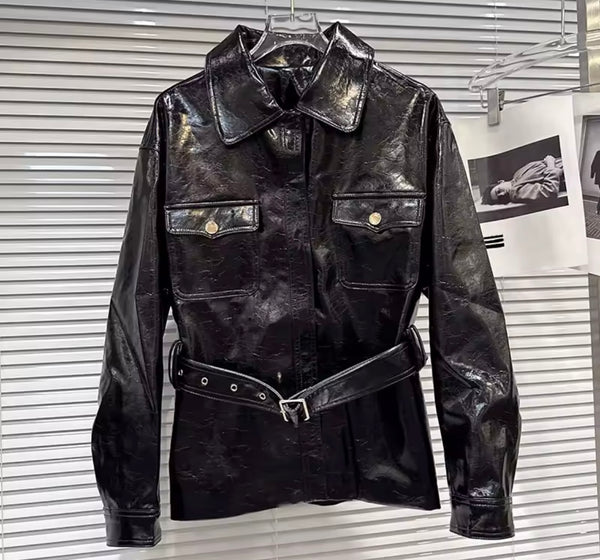 Women Faux Leather Zip Up Belted Fashion Jacket