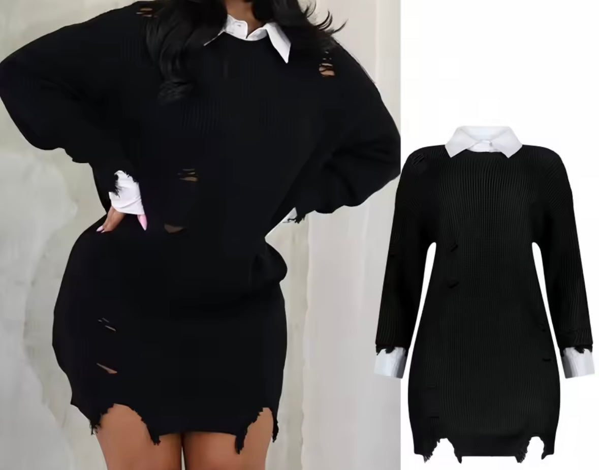 Women B&W Collar Full Sleeve Fashion Sweater Dress
