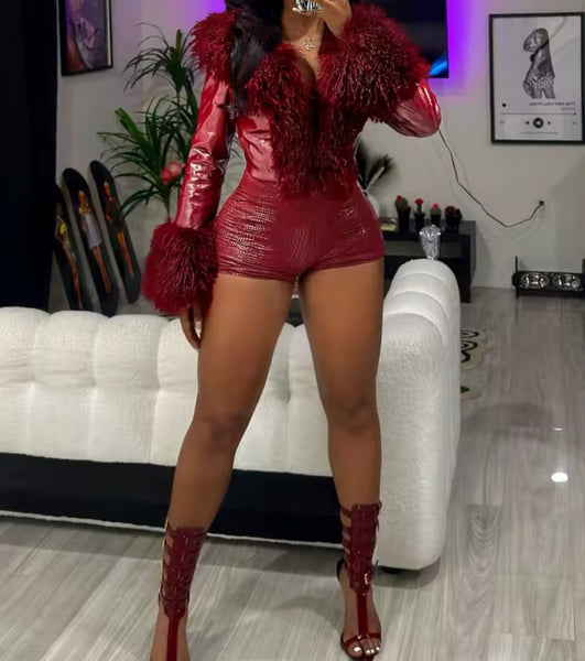 Women Fashion Fur Patchwork PU Jacket Two Piece Short Set