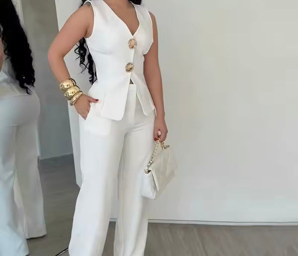 Women Button Up Sleeveless Blazer Vest Two Piece Pant Set