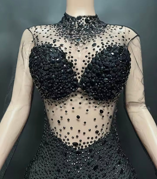 Women Sexy Fashion Bling Crystal Mesh Full Sleeve Jumpsuit