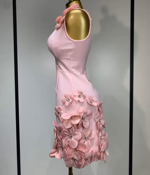 Women Sexy Sleeveless 3D Floral Pink Dress