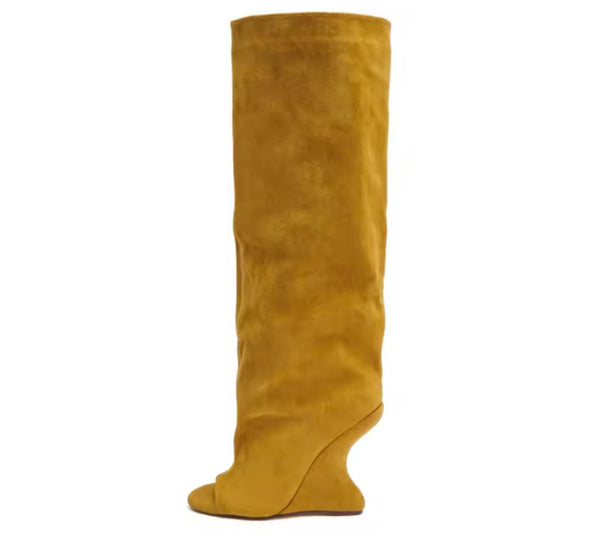 Women Color Open Toe Suede Wedge Knee High Boots