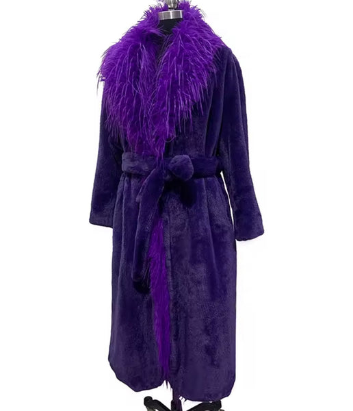 Women Purple Faux Fur Fashion Trench Warm Coat