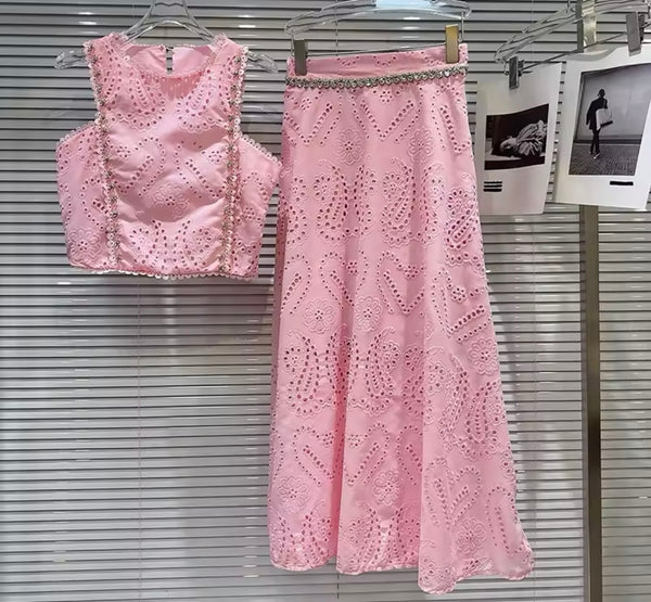Women Rhinestone Sleeveless Lace Two Piece Maxi Skirt Set