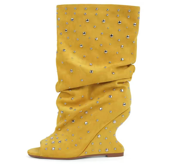 Women Fashion Open Toe Rivet Wedge Ruched Knee High Boots