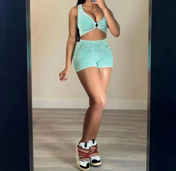 Women Ribbed Sleeveless Sexy Solid Color Two Piece Short Set