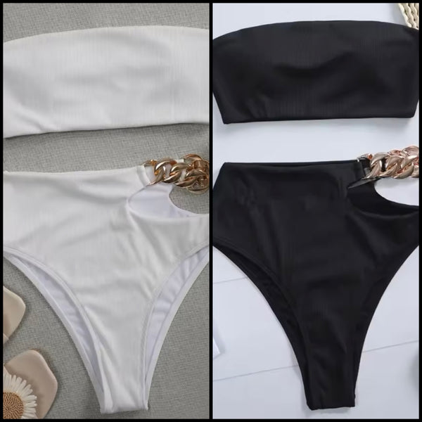 Women Sexy Strapless Solid Color Ribbed Gold Chain Bikini