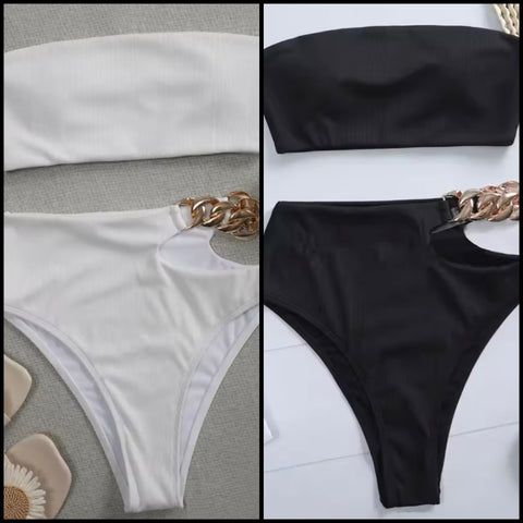Women Sexy Strapless Solid Color Ribbed Gold Chain Bikini