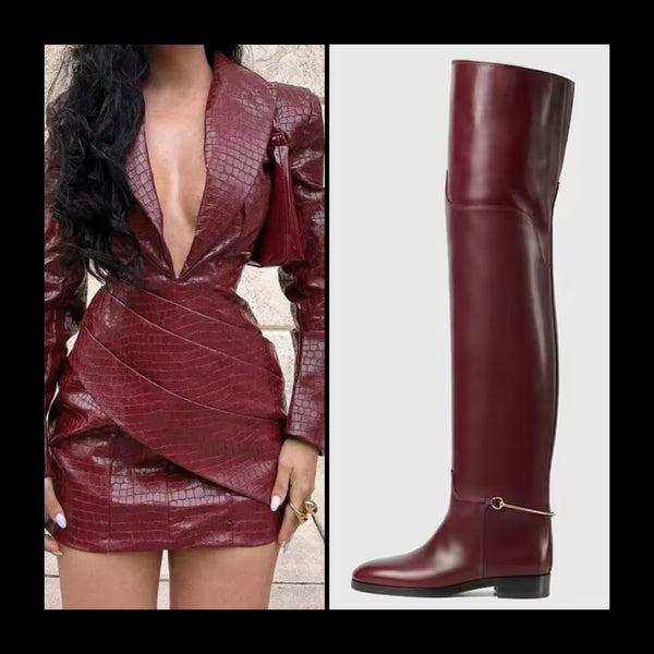 Women Sexy Burgundy V-Neck Full Sleeve Faux Leather Ruched Dress
