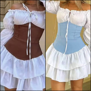 Women Sexy Off The Shoulder Ruffled Full Sleeve Color Block Dress