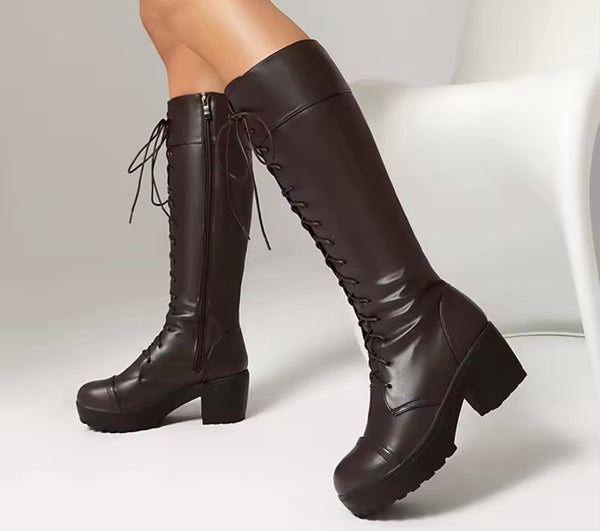 Women Fashion Faux Leather Tie Up Knee High Boots