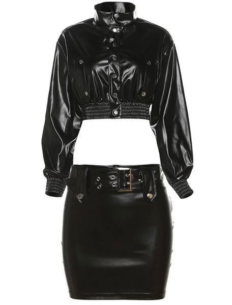 Women Sexy Fashion Black Faux Leather Two Piece Jacket Skirt Set