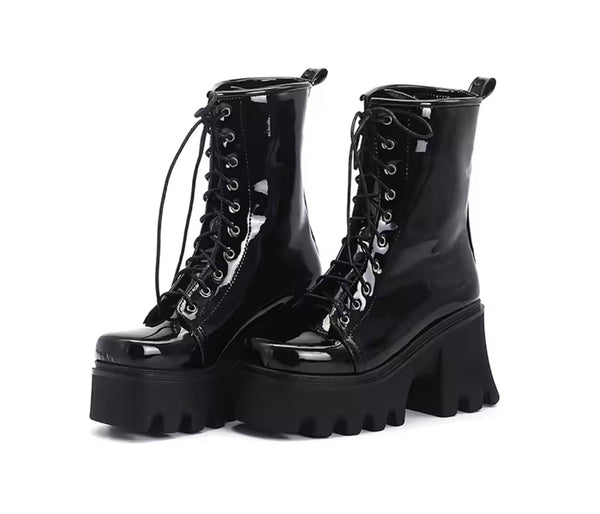 Women Fashion Patent Leather Lace Up Platform Ankle Boots