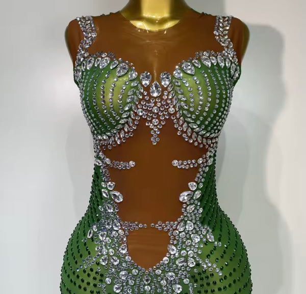 Women Sexy Sleeveless Bling Rhinestone Mesh Maxi Dress