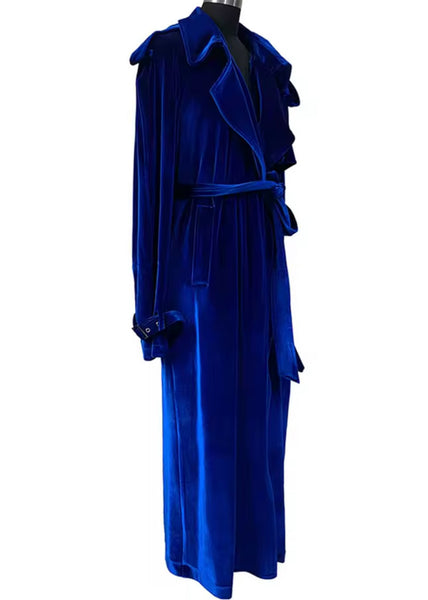 Women Blue Fashion Velvet Belted Trench Jacket