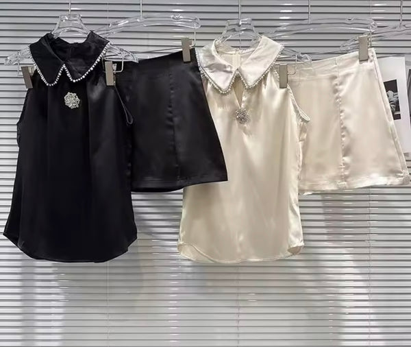 Women Sexy Rhinestone Collar Sleeveless Two Piece Skirt Set