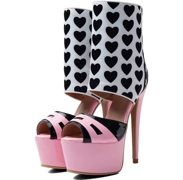 Women Color Patchwork Heart Open Toe Platform Ankle Boots