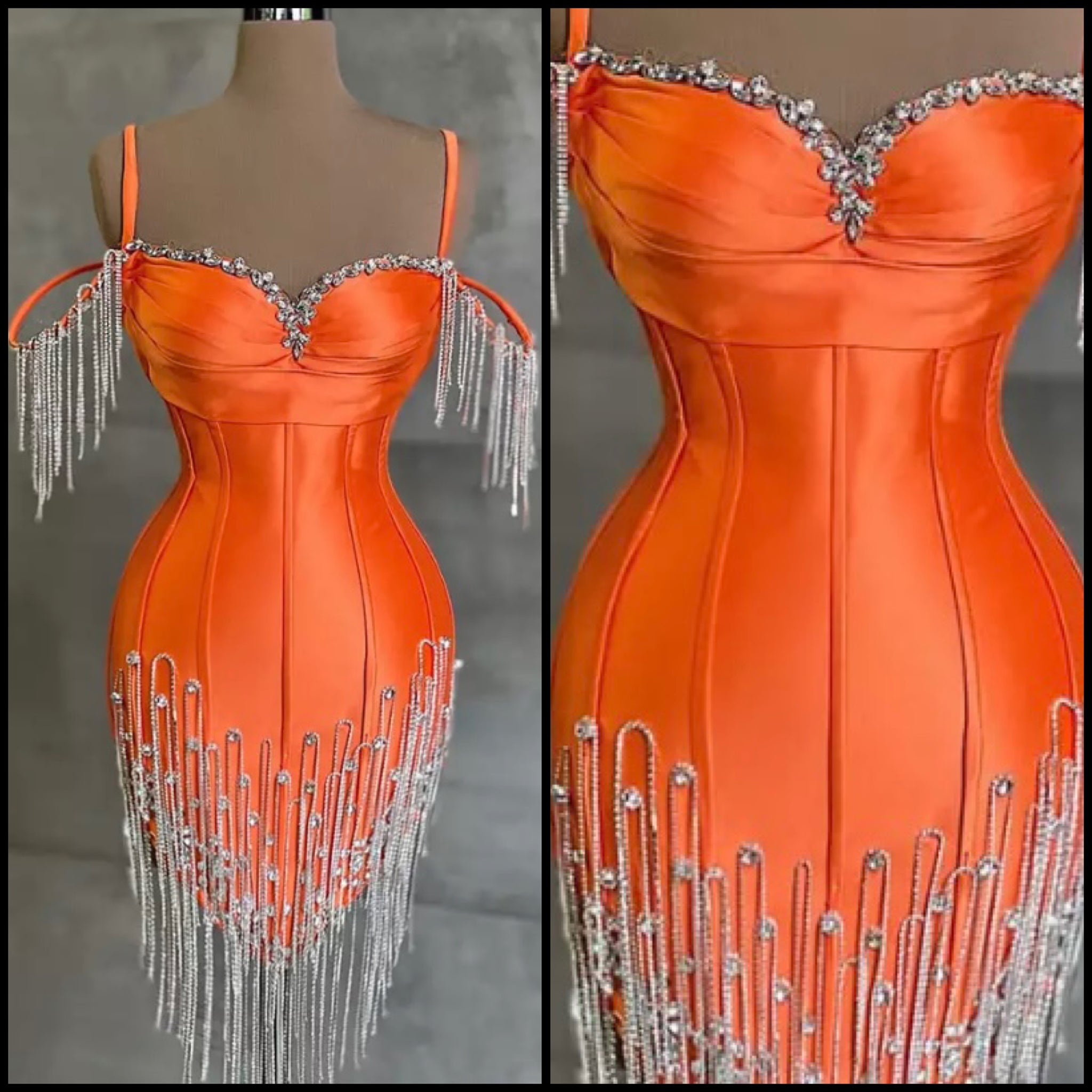 Women Sexy Sleeveless Orange Rhinestone Tassel Dress